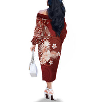 Tonga Ngatu Motifs Family Matching Off The Shoulder Long Sleeve Dress and Hawaiian Shirt With Coat Of Arms Red LT05 - Polynesian Pride