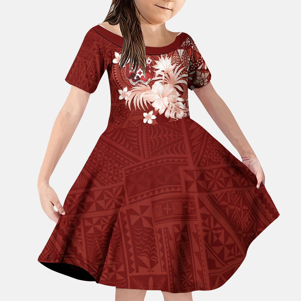 Tonga Ngatu Motifs Family Matching Off Shoulder Maxi Dress and Hawaiian Shirt With Coat Of Arms Red LT05 Daughter's Dress Red - Polynesian Pride