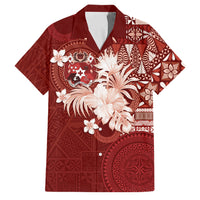Tonga Ngatu Motifs Family Matching Off Shoulder Maxi Dress and Hawaiian Shirt With Coat Of Arms Red LT05 Dad's Shirt - Short Sleeve Red - Polynesian Pride