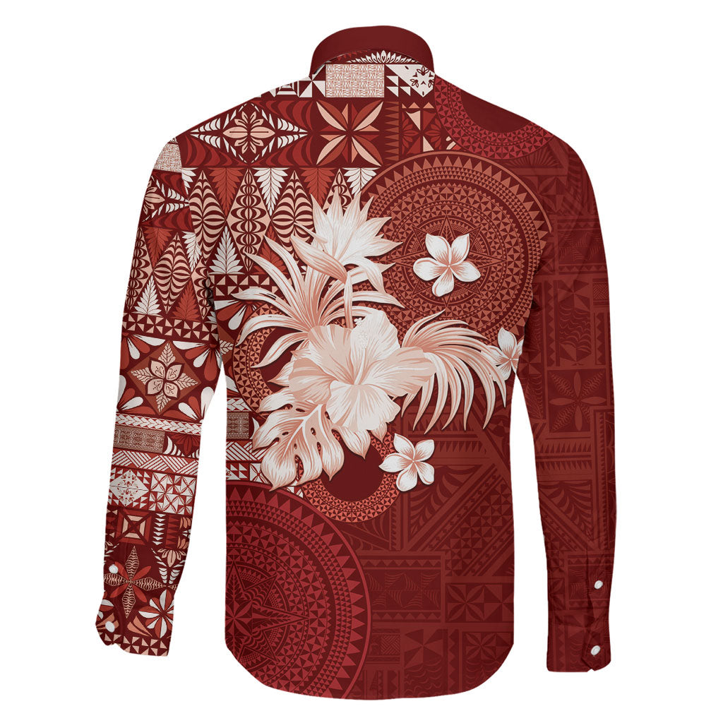 Tonga Ngatu Motifs Family Matching Off Shoulder Short Dress and Hawaiian Shirt With Coat Of Arms Red LT05 - Polynesian Pride
