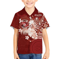 Tonga Ngatu Motifs Family Matching Off Shoulder Short Dress and Hawaiian Shirt With Coat Of Arms Red LT05 Son's Shirt Red - Polynesian Pride