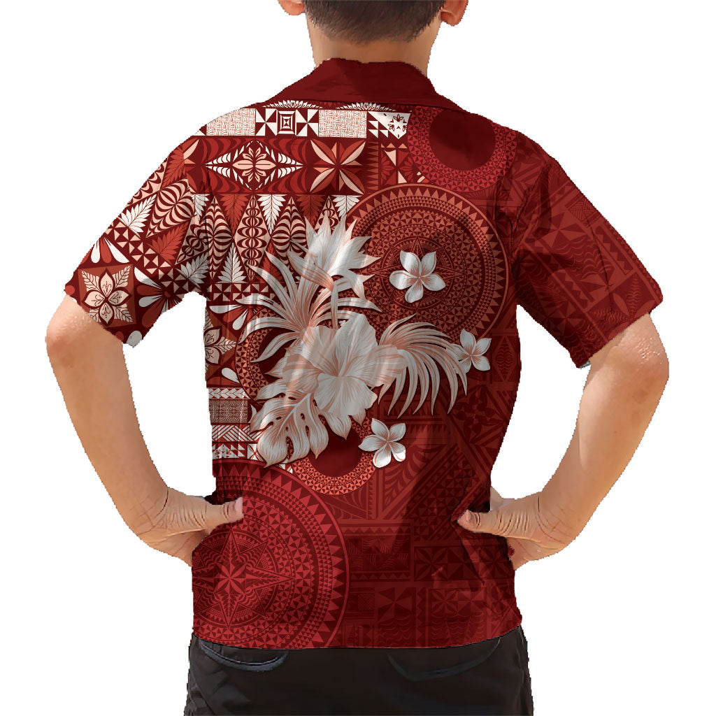 Tonga Ngatu Motifs Family Matching Puletasi and Hawaiian Shirt With Coat Of Arms Red LT05 - Polynesian Pride