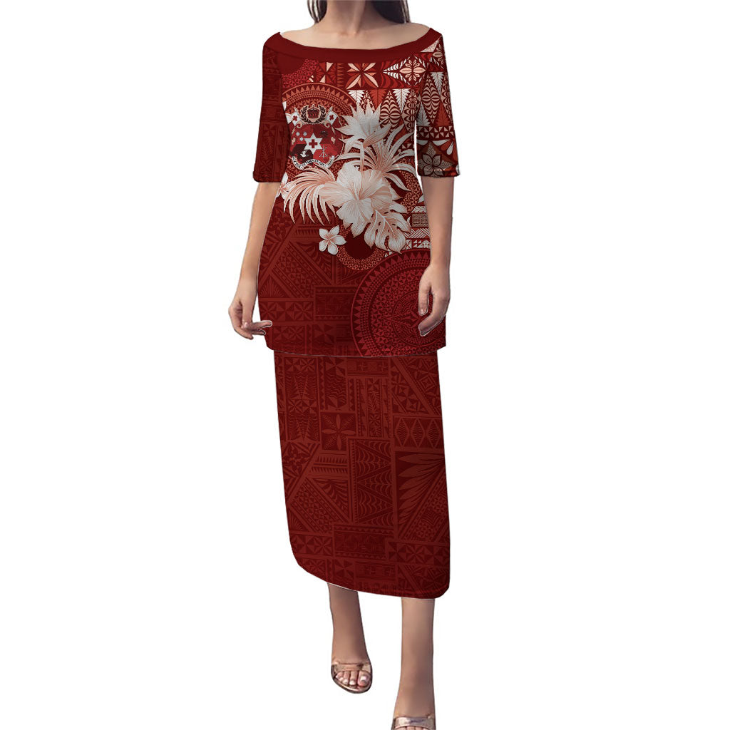 Tonga Ngatu Motifs Family Matching Puletasi and Hawaiian Shirt With Coat Of Arms Red LT05 Mom's Dress Red - Polynesian Pride