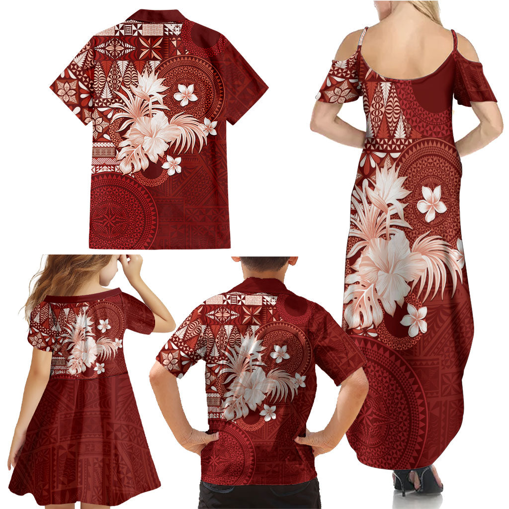 Tonga Ngatu Motifs Family Matching Summer Maxi Dress and Hawaiian Shirt With Coat Of Arms Red LT05 - Polynesian Pride