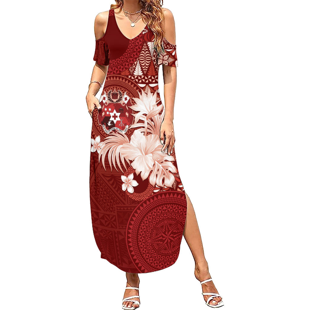 Tonga Ngatu Motifs Family Matching Summer Maxi Dress and Hawaiian Shirt With Coat Of Arms Red LT05 Mom's Dress Red - Polynesian Pride