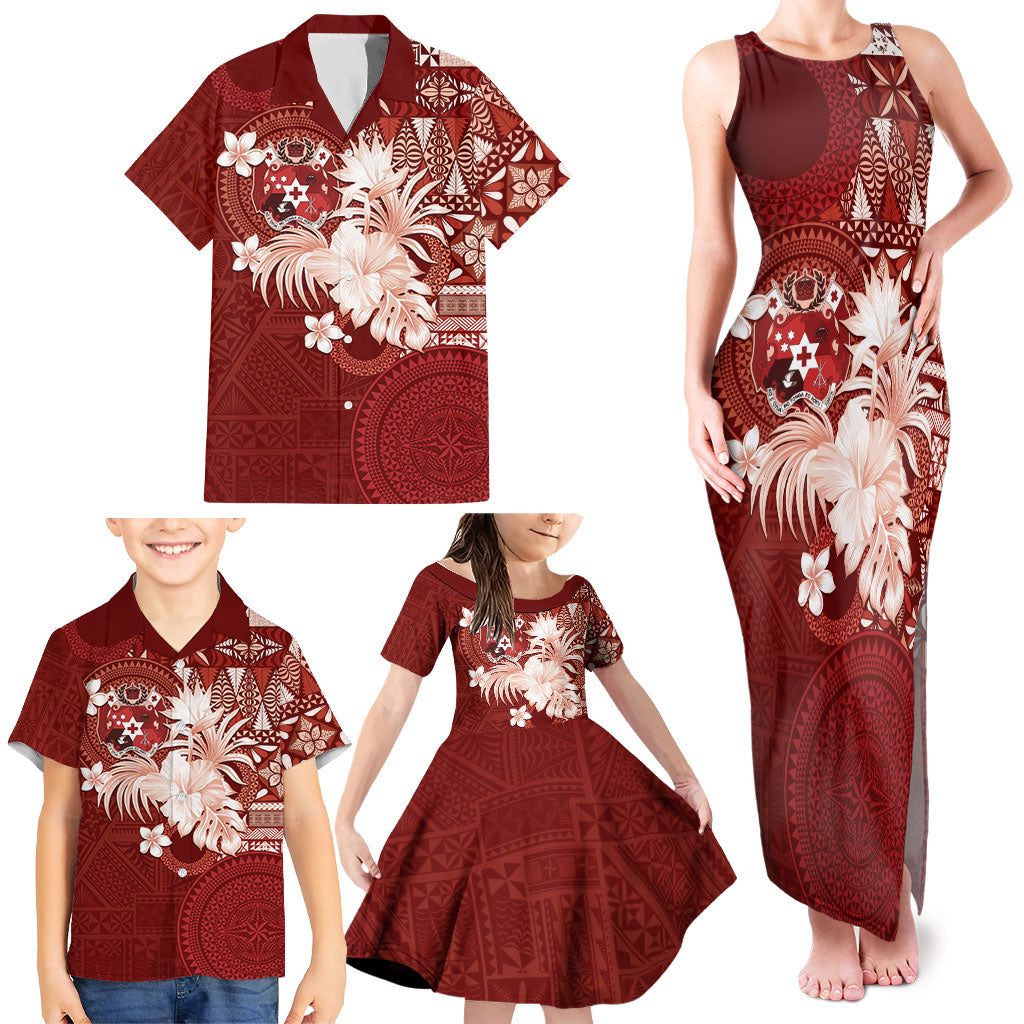Tonga Ngatu Motifs Family Matching Tank Maxi Dress and Hawaiian Shirt With Coat Of Arms Red LT05 - Polynesian Pride