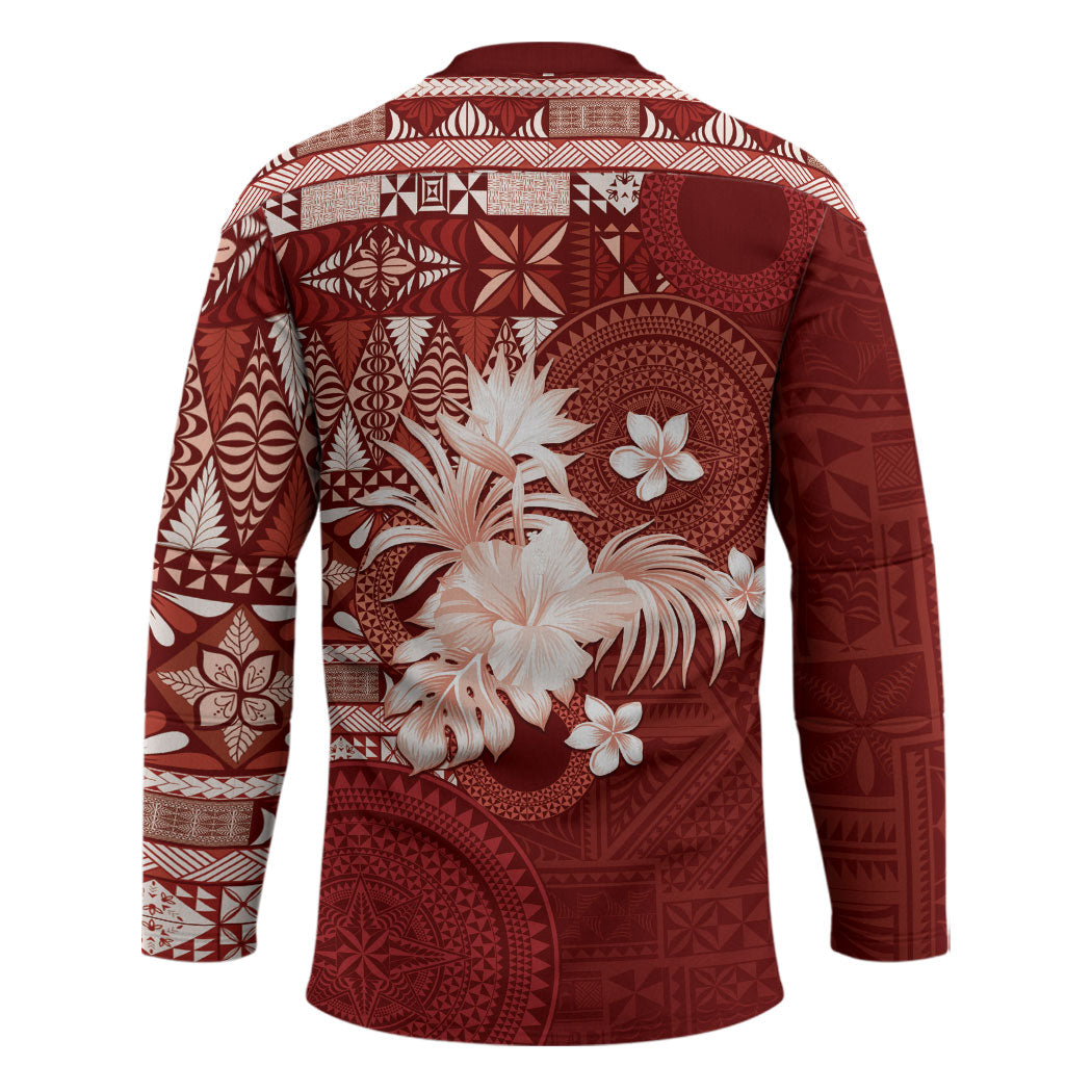 Tonga Ngatu Motifs Hockey Jersey With Coat Of Arms Red LT05 - Polynesian Pride