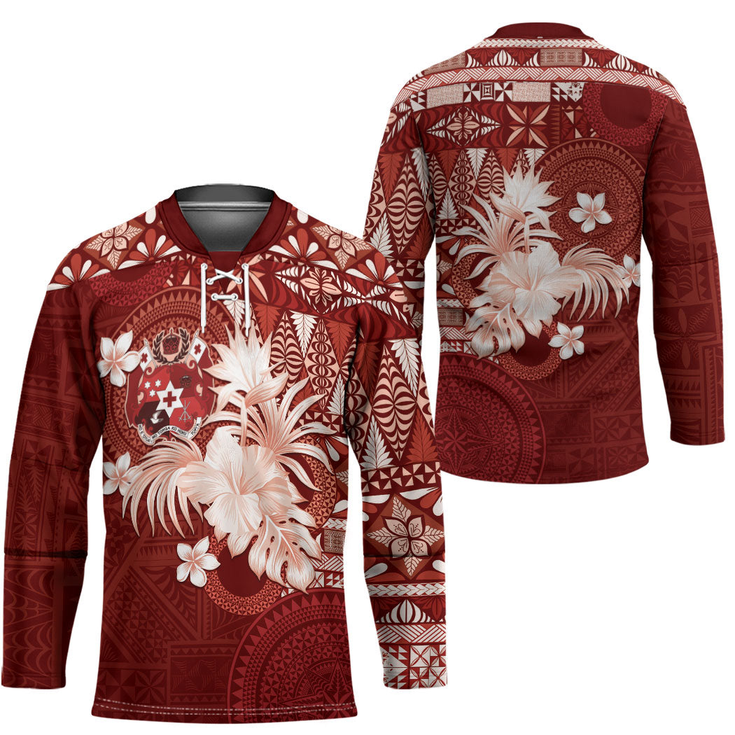 Tonga Ngatu Motifs Hockey Jersey With Coat Of Arms Red LT05 - Polynesian Pride