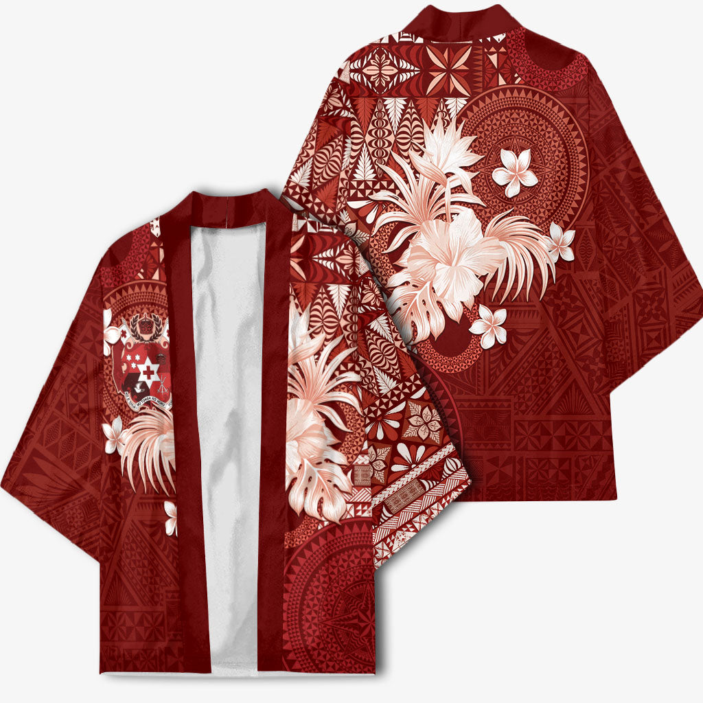Tonga Ngatu Motifs Kimono With Coat Of Arms Red
