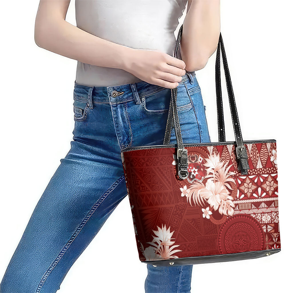Tonga Ngatu Motifs Leather Tote Bag With Coat Of Arms Red