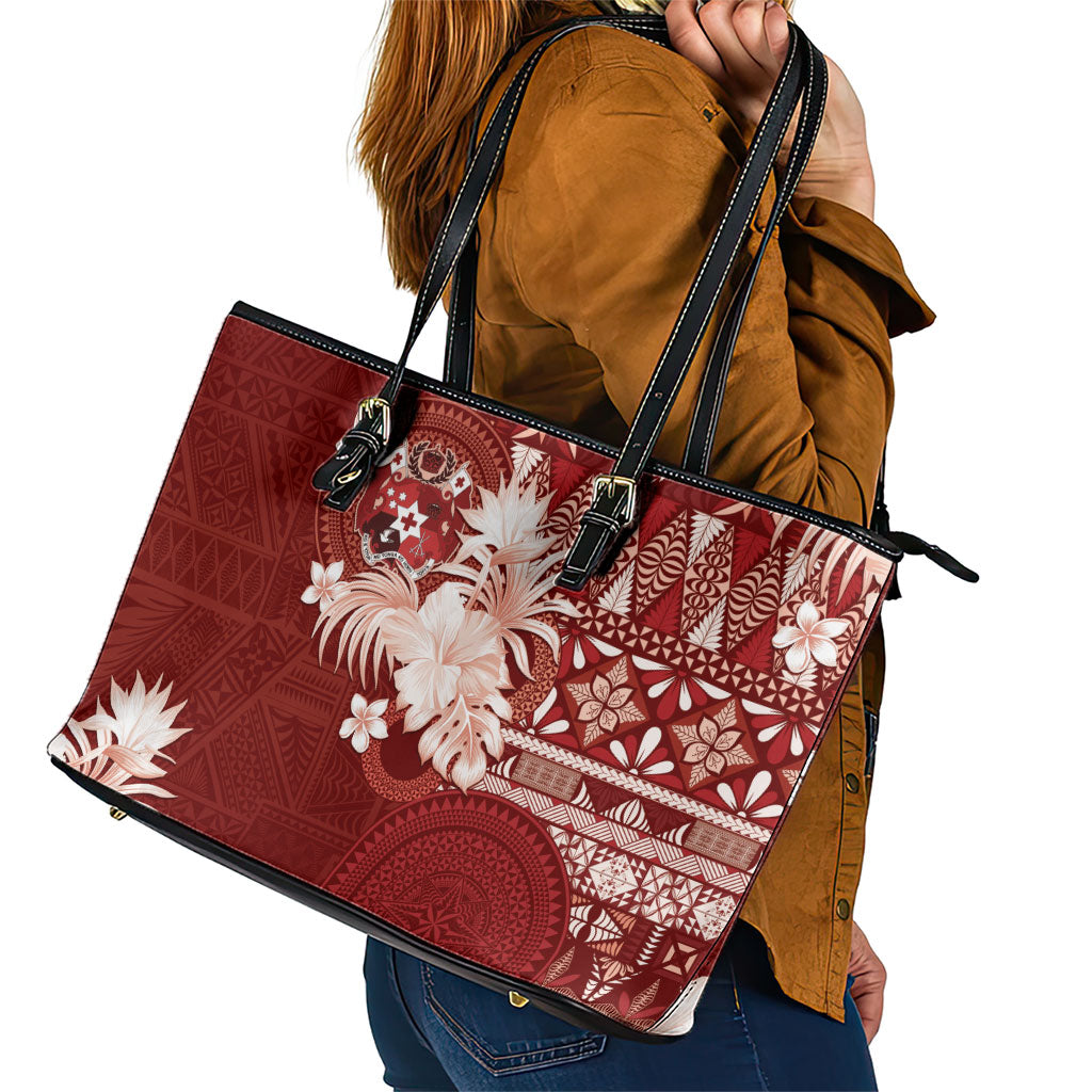 Tonga Ngatu Motifs Leather Tote Bag With Coat Of Arms Red