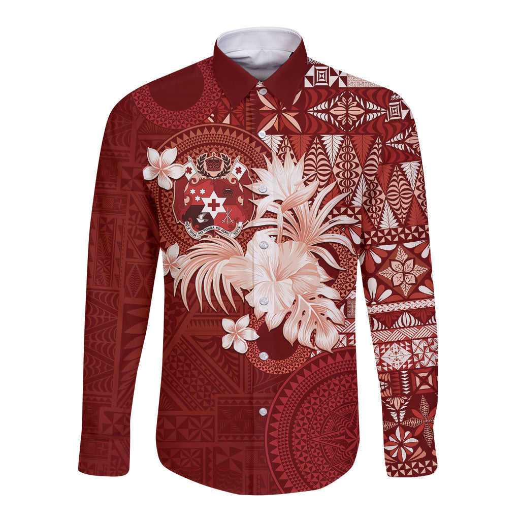 Tonga Ngatu Motifs Long Sleeve Button Shirt With Coat Of Arms Red