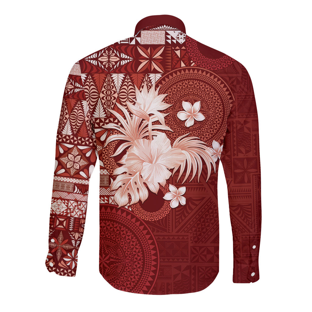 Tonga Ngatu Motifs Long Sleeve Button Shirt With Coat Of Arms Red