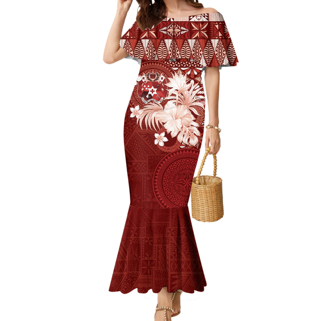 Tonga Ngatu Motifs Mermaid Dress With Coat Of Arms Red