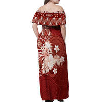 Tonga Ngatu Motifs Off Shoulder Maxi Dress With Coat Of Arms Red
