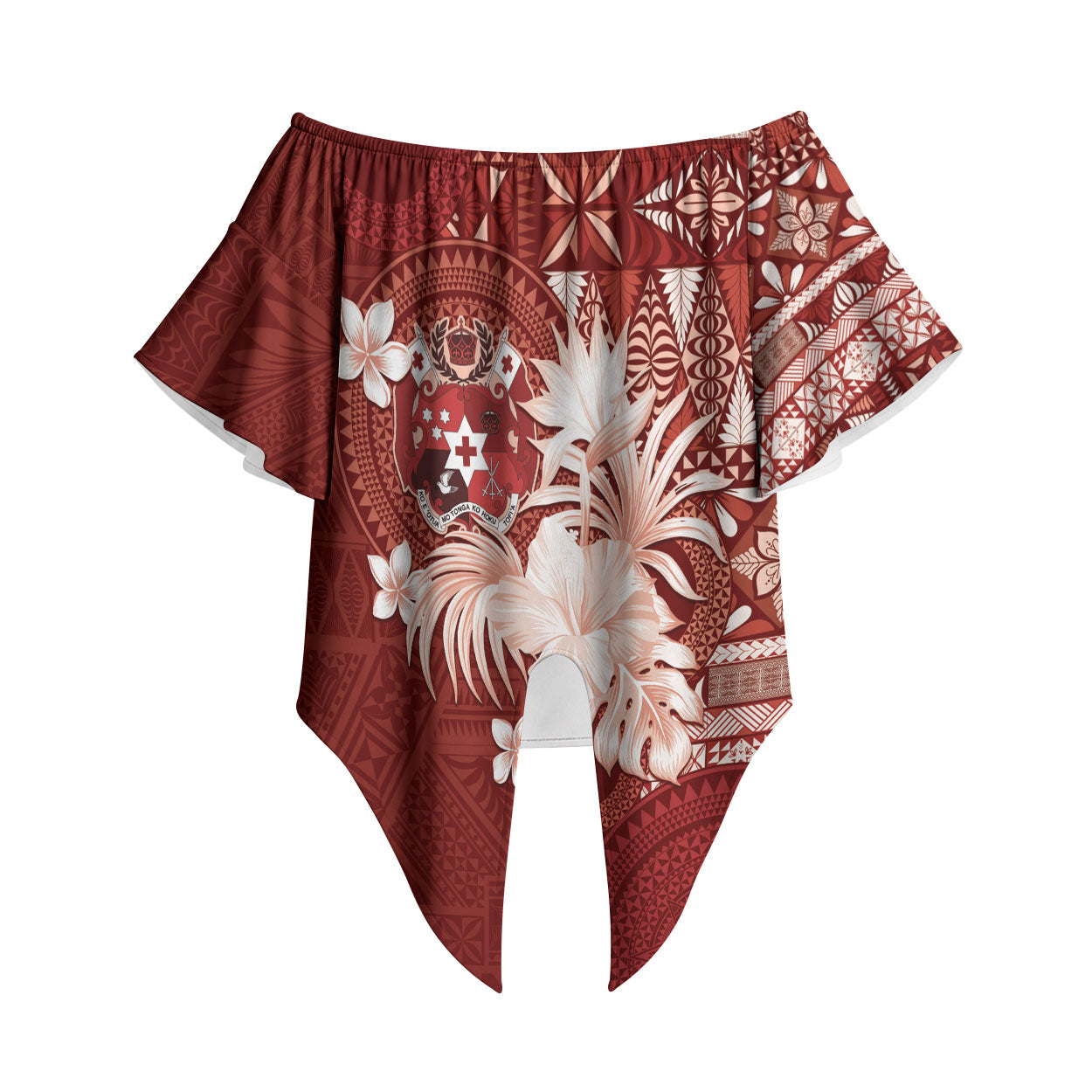 Tonga Ngatu Motifs Off Shoulder Wrap Waist Top With Coat Of Arms Red LT05 Red - Polynesian Pride
