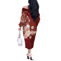 Tonga Ngatu Motifs Off The Shoulder Long Sleeve Dress With Coat Of Arms Red