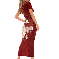 Tonga Ngatu Motifs Short Sleeve Bodycon Dress With Coat Of Arms Red