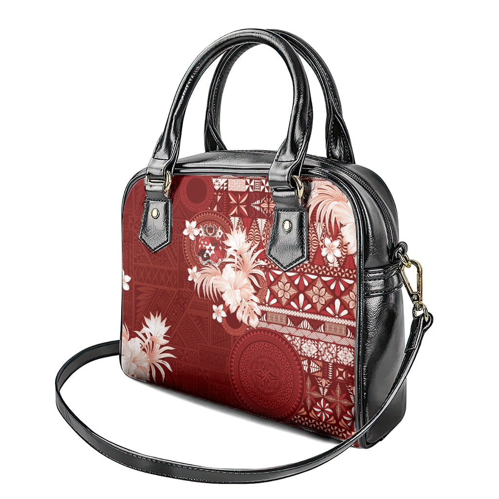 Tonga Ngatu Motifs Shoulder Handbag With Coat Of Arms Red
