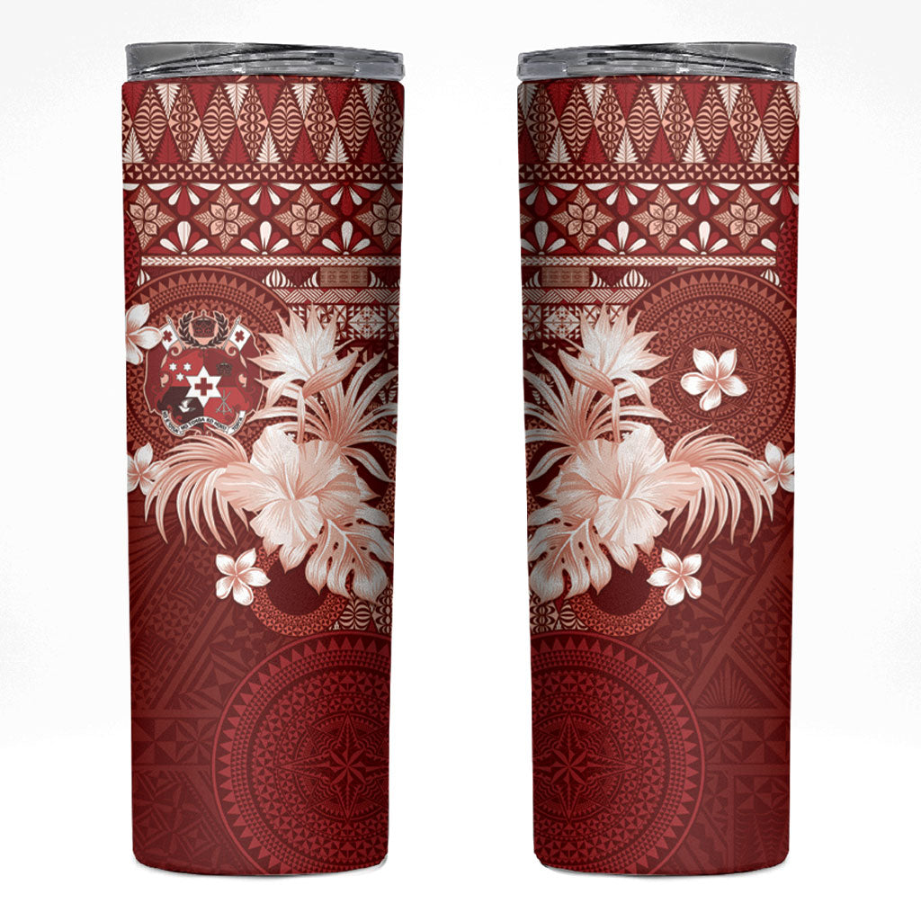 Tonga Ngatu Motifs Skinny Tumbler With Coat Of Arms Red LT05 Red - Polynesian Pride