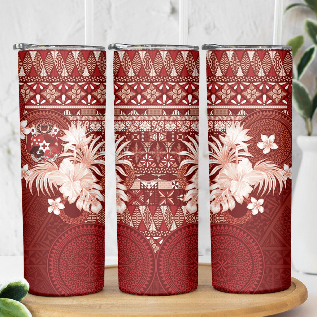 Tonga Ngatu Motifs Skinny Tumbler With Coat Of Arms Red LT05 - Polynesian Pride