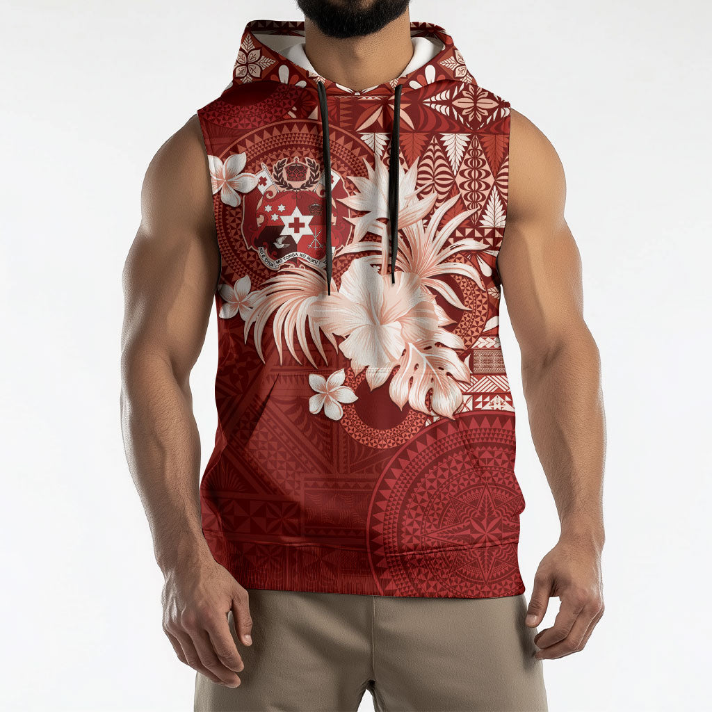 Tonga Ngatu Motifs Sleeveless Hoodie With Coat Of Arms Red
