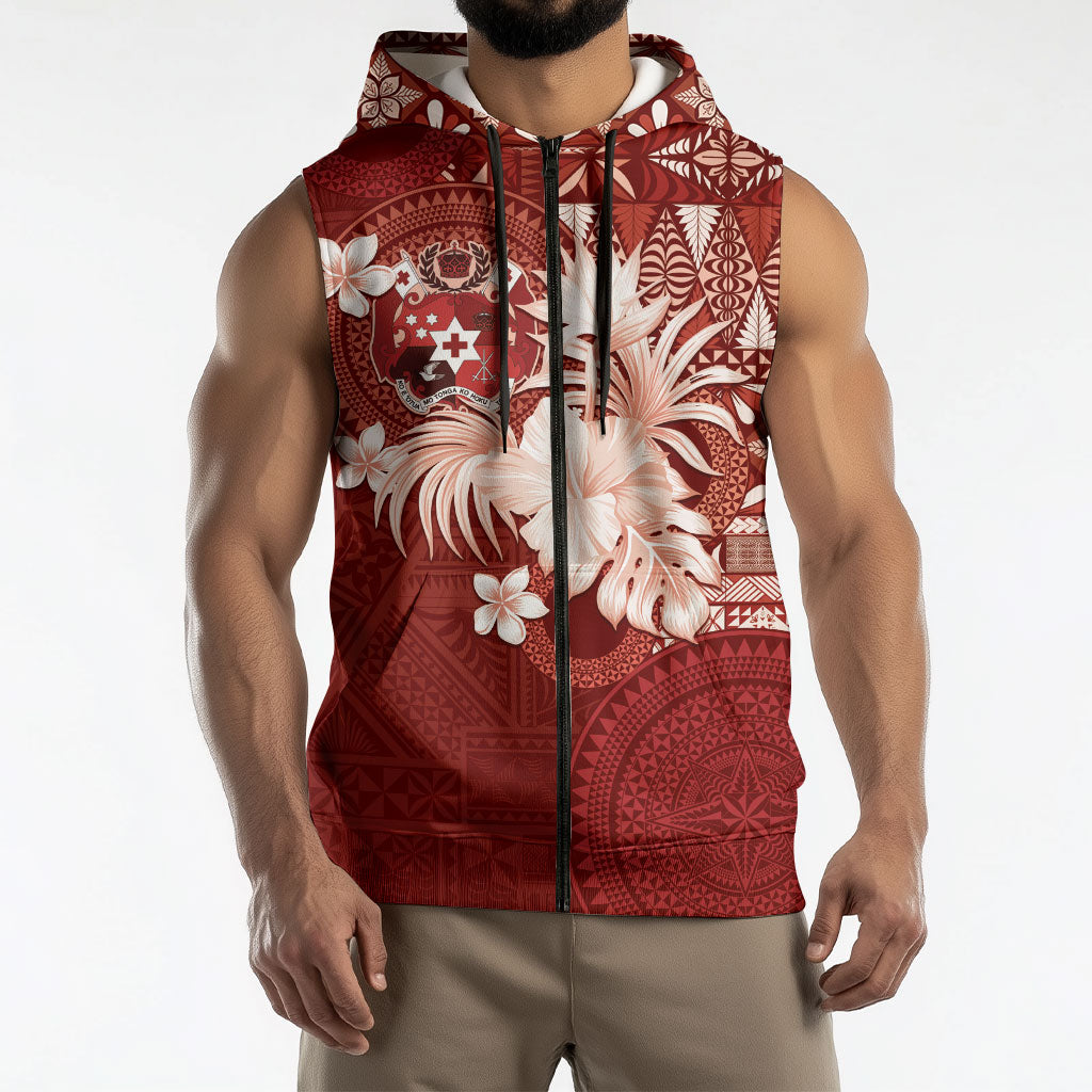 Tonga Ngatu Motifs Sleeveless Zip Hoodie With Coat Of Arms Red