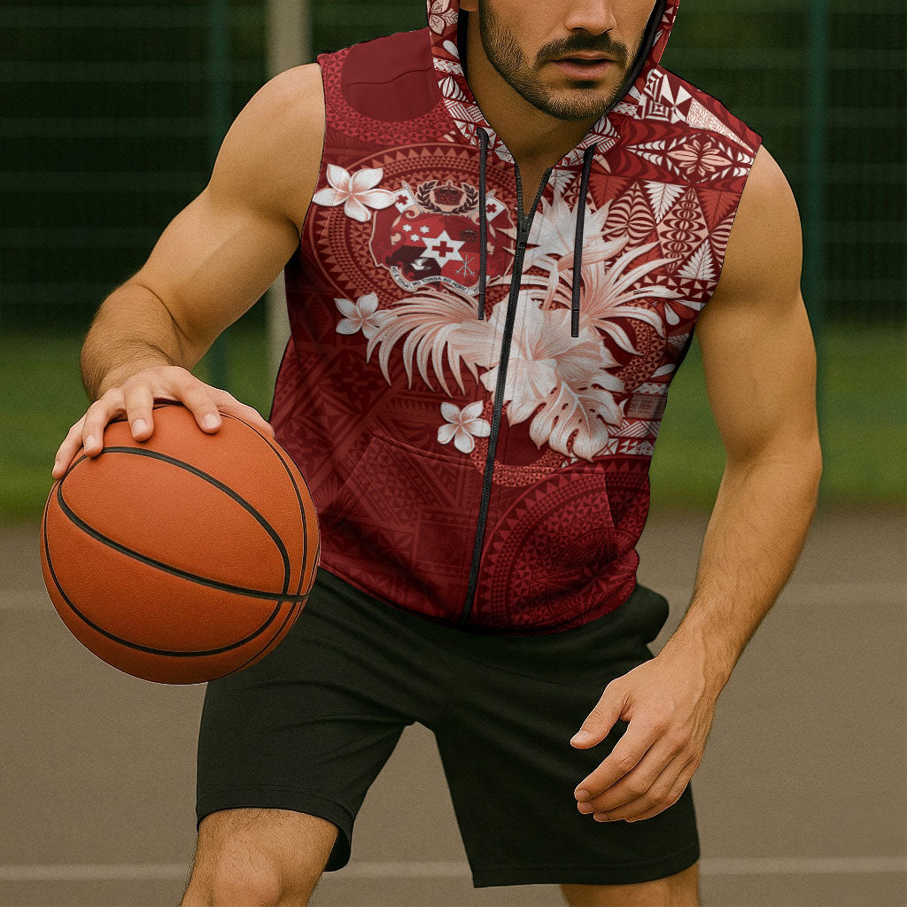 Tonga Ngatu Motifs Sleeveless Zip Hoodie With Coat Of Arms Red