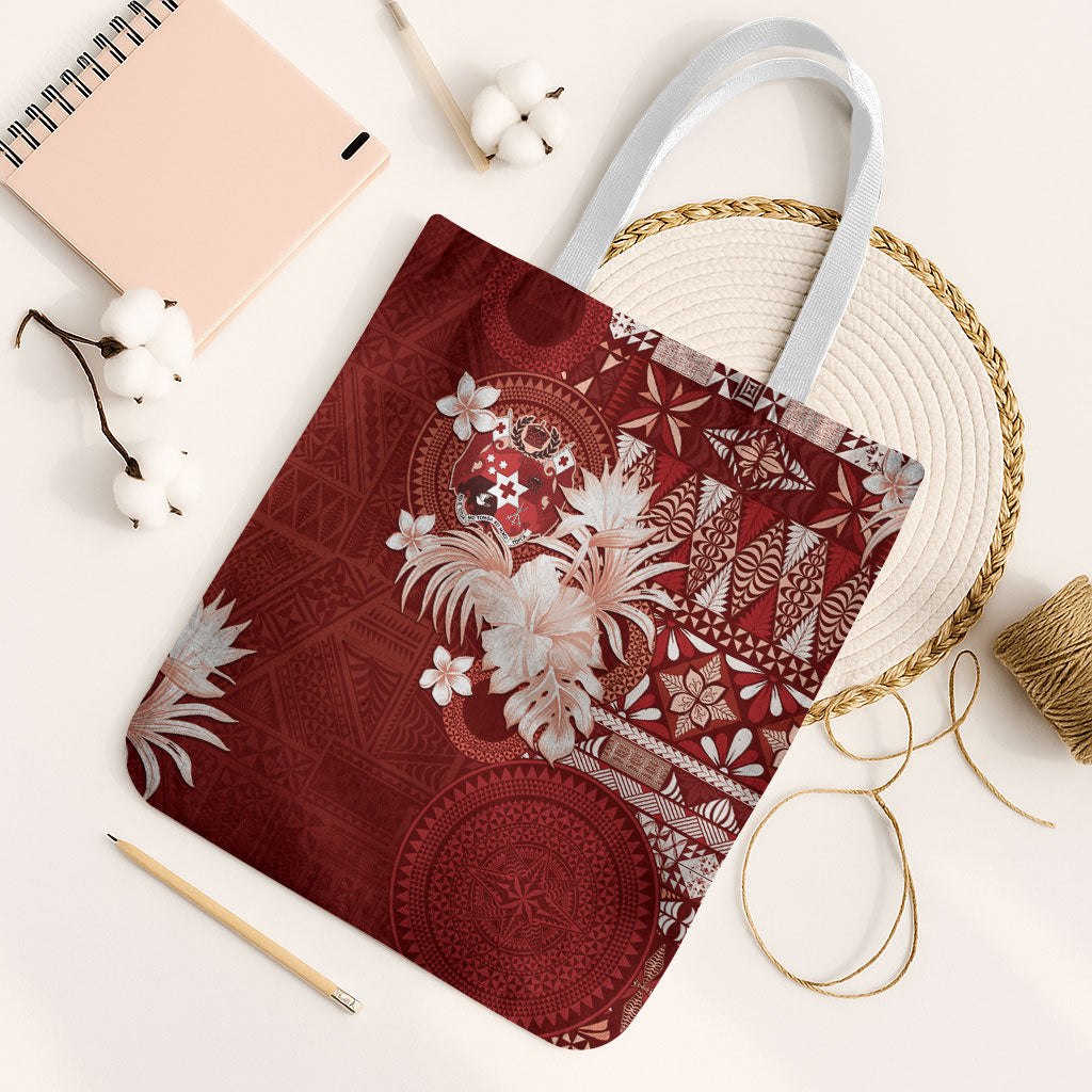 Tonga Ngatu Motifs Tote Bag With Coat Of Arms Red