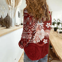 Tonga Ngatu Motifs Women Casual Shirt With Coat Of Arms Red LT05 - Polynesian Pride