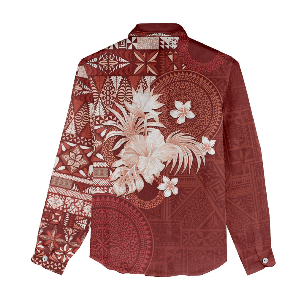 Tonga Ngatu Motifs Women Casual Shirt With Coat Of Arms Red LT05 - Polynesian Pride
