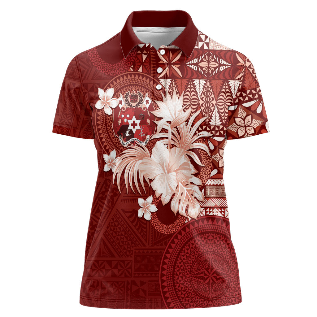 Tonga Ngatu Motifs Women Polo Shirt With Coat Of Arms Red LT05 Female Red - Polynesian Pride