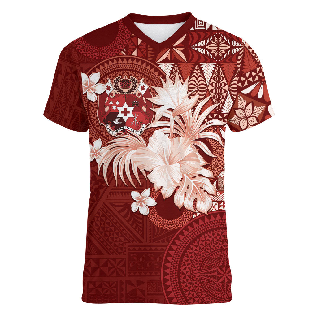 Tonga Ngatu Motifs Women V-Neck T-Shirt With Coat Of Arms Red LT05 Female Red - Polynesian Pride