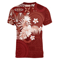 Tonga Ngatu Motifs Women V-Neck T-Shirt With Coat Of Arms Red LT05 - Polynesian Pride