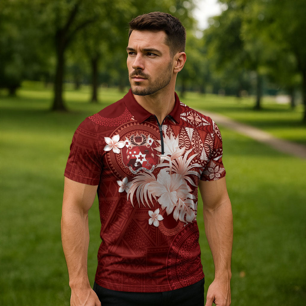Tonga Ngatu Motifs Zipper Polo Shirt With Coat Of Arms Red