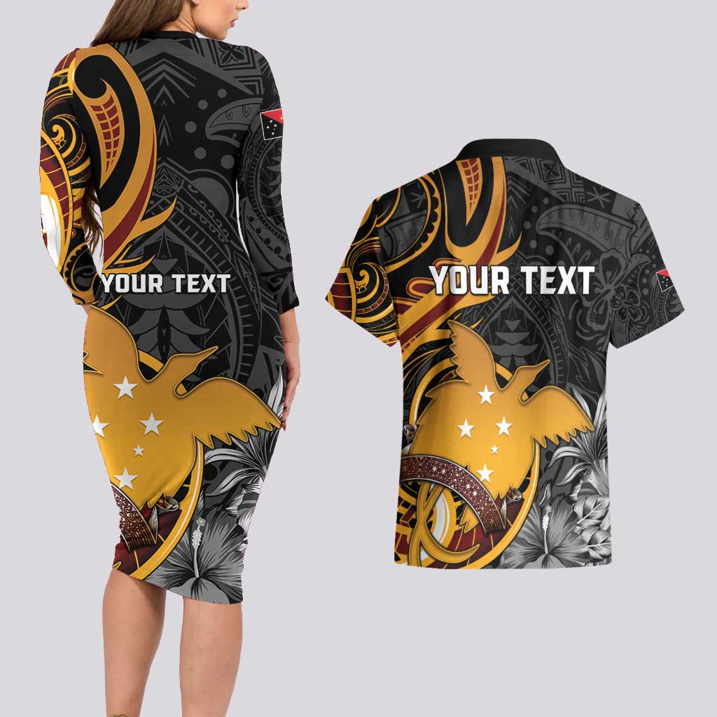 Personalised Papua New Guinea Couples Matching Long Sleeve Bodycon Dress and Hawaiian Shirt Happy 50th Independence Anniversary LT05 - Polynesian Pride
