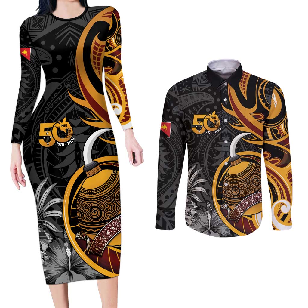 Personalised Papua New Guinea Couples Matching Long Sleeve Bodycon Dress and Long Sleeve Button Shirt Happy 50th Independence Anniversary LT05 Black - Polynesian Pride
