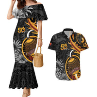 Personalised Papua New Guinea Couples Matching Mermaid Dress and Hawaiian Shirt Happy 50th Independence Anniversary LT05 Black - Polynesian Pride