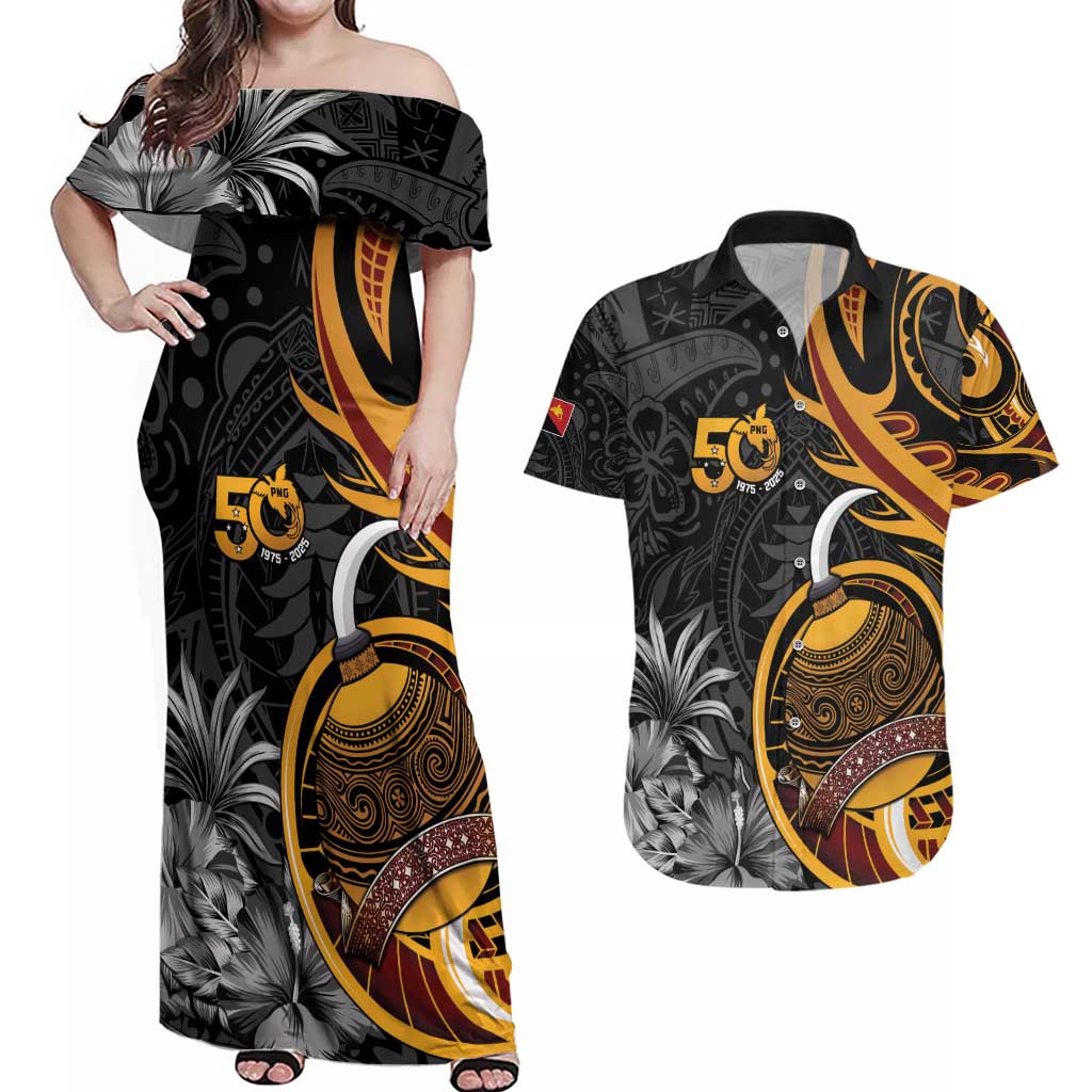 Personalised Papua New Guinea Couples Matching Off Shoulder Maxi Dress and Hawaiian Shirt Happy 50th Independence Anniversary LT05 Black - Polynesian Pride