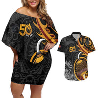 Personalised Papua New Guinea Couples Matching Off Shoulder Short Dress and Hawaiian Shirt Happy 50th Independence Anniversary LT05 Black - Polynesian Pride