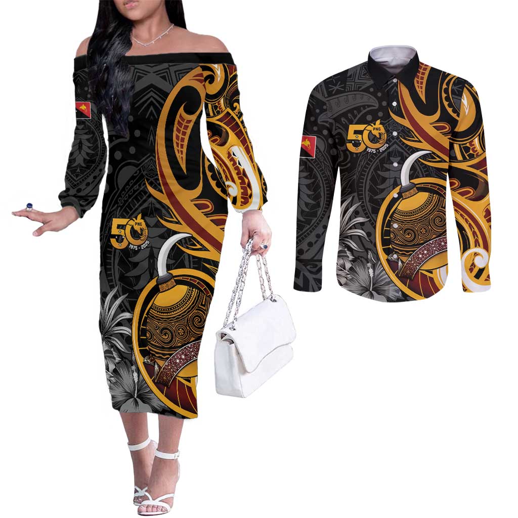 Personalised Papua New Guinea Couples Matching Off The Shoulder Long Sleeve Dress and Long Sleeve Button Shirt Happy 50th Independence Anniversary LT05 Black - Polynesian Pride
