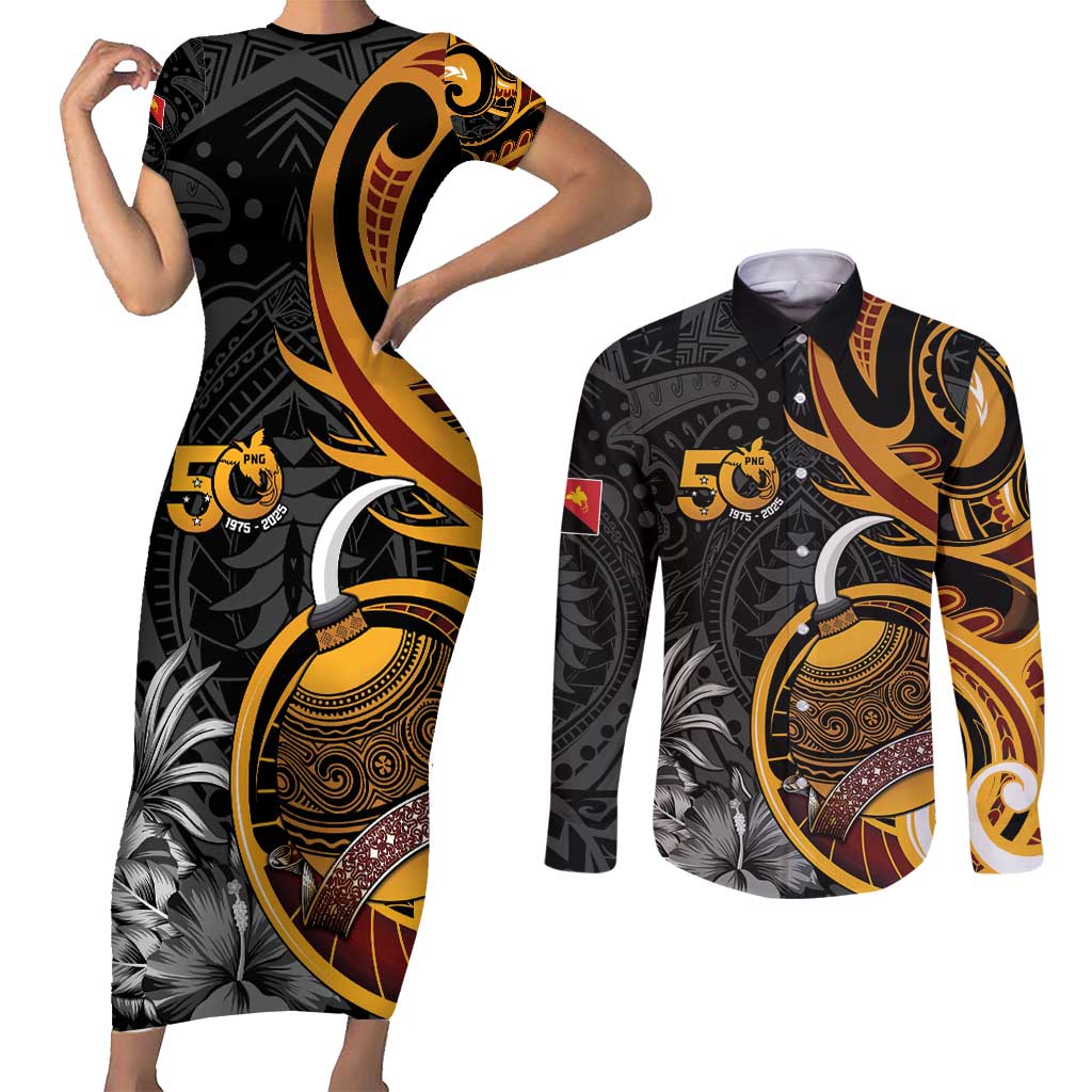 Personalised Papua New Guinea Couples Matching Short Sleeve Bodycon Dress and Long Sleeve Button Shirt Happy 50th Independence Anniversary LT05 Black - Polynesian Pride