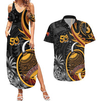 Personalised Papua New Guinea Couples Matching Summer Maxi Dress and Hawaiian Shirt Happy 50th Independence Anniversary LT05 Black - Polynesian Pride