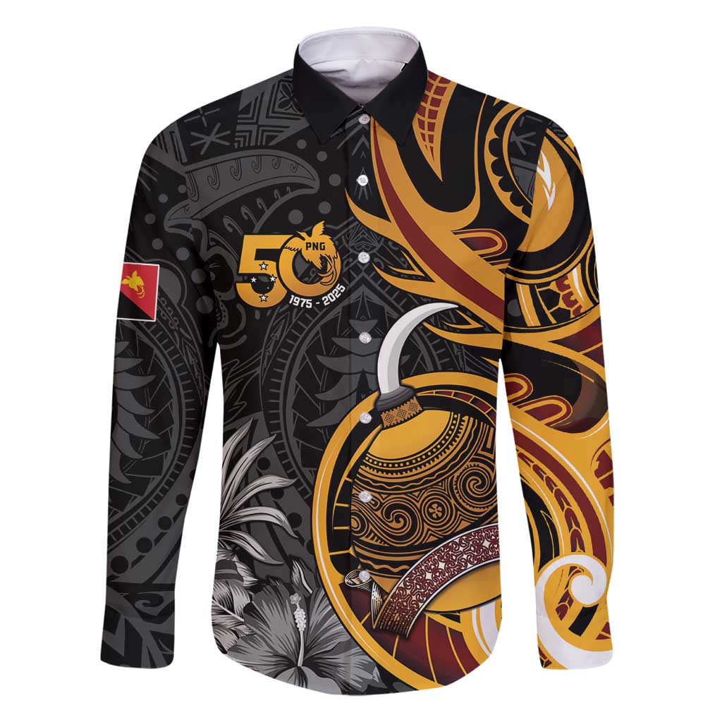 Personalised Papua New Guinea Family Matching Long Sleeve Bodycon Dress and Hawaiian Shirt Happy 50th Independence Anniversary LT05 Dad's Shirt - Long Sleeve Black - Polynesian Pride