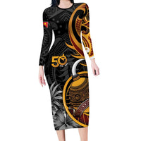 Personalised Papua New Guinea Family Matching Long Sleeve Bodycon Dress and Hawaiian Shirt Happy 50th Independence Anniversary LT05 Mom's Dress Black - Polynesian Pride