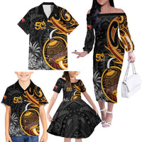 Personalised Papua New Guinea Family Matching Off The Shoulder Long Sleeve Dress and Hawaiian Shirt Happy 50th Independence Anniversary LT05 - Polynesian Pride