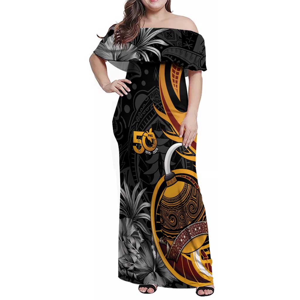 Personalised Papua New Guinea Family Matching Off Shoulder Maxi Dress and Hawaiian Shirt Happy 50th Independence Anniversary LT05 Mom's Dress Black - Polynesian Pride