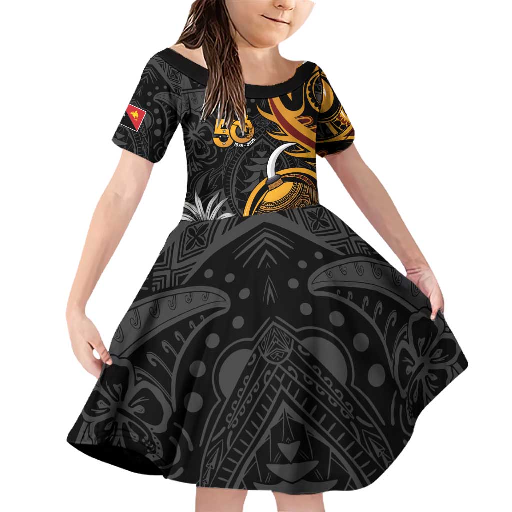 Personalised Papua New Guinea Family Matching Off Shoulder Short Dress and Hawaiian Shirt Happy 50th Independence Anniversary LT05 Daughter's Dress Black - Polynesian Pride