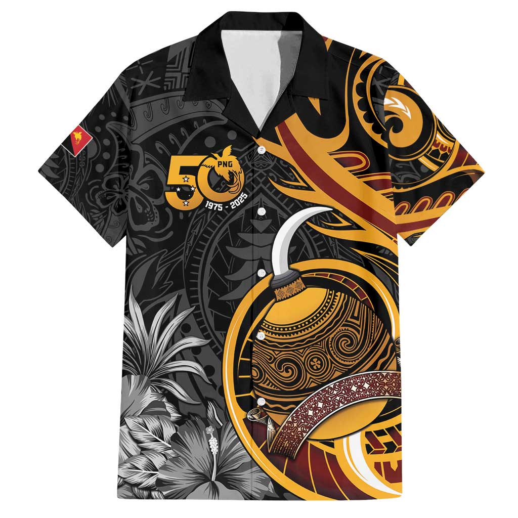 Personalised Papua New Guinea Family Matching Puletasi and Hawaiian Shirt Happy 50th Independence Anniversary LT05 Dad's Shirt - Short Sleeve Black - Polynesian Pride