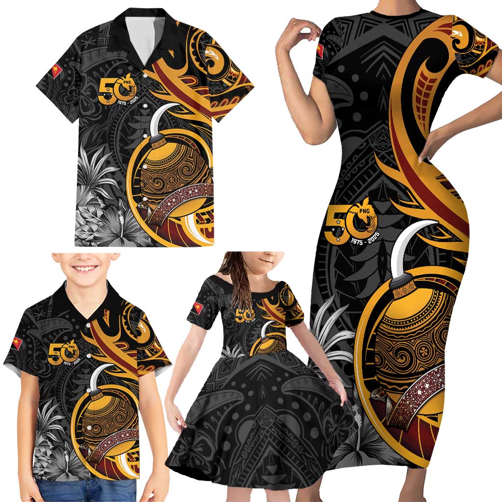 Personalised Papua New Guinea Family Matching Short Sleeve Bodycon Dress and Hawaiian Shirt Happy 50th Independence Anniversary LT05 - Polynesian Pride